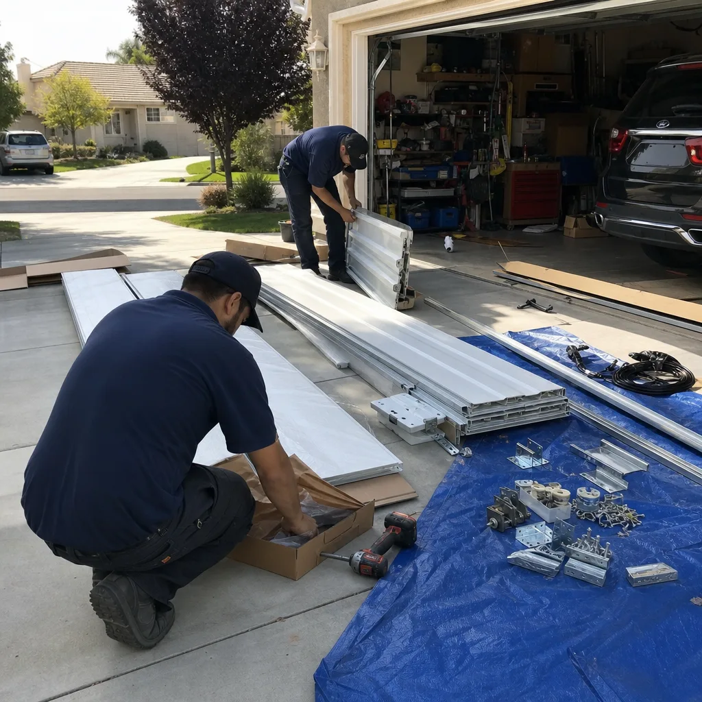 Two professional technicians installing a new sectional garage door on a driveway