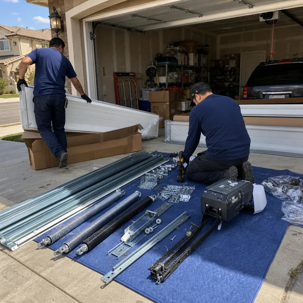 Two professional technicians installing a new residential garage door