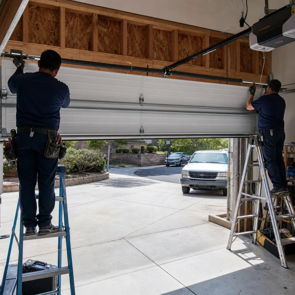 Two technicians installing a residential garage door system from ladders.