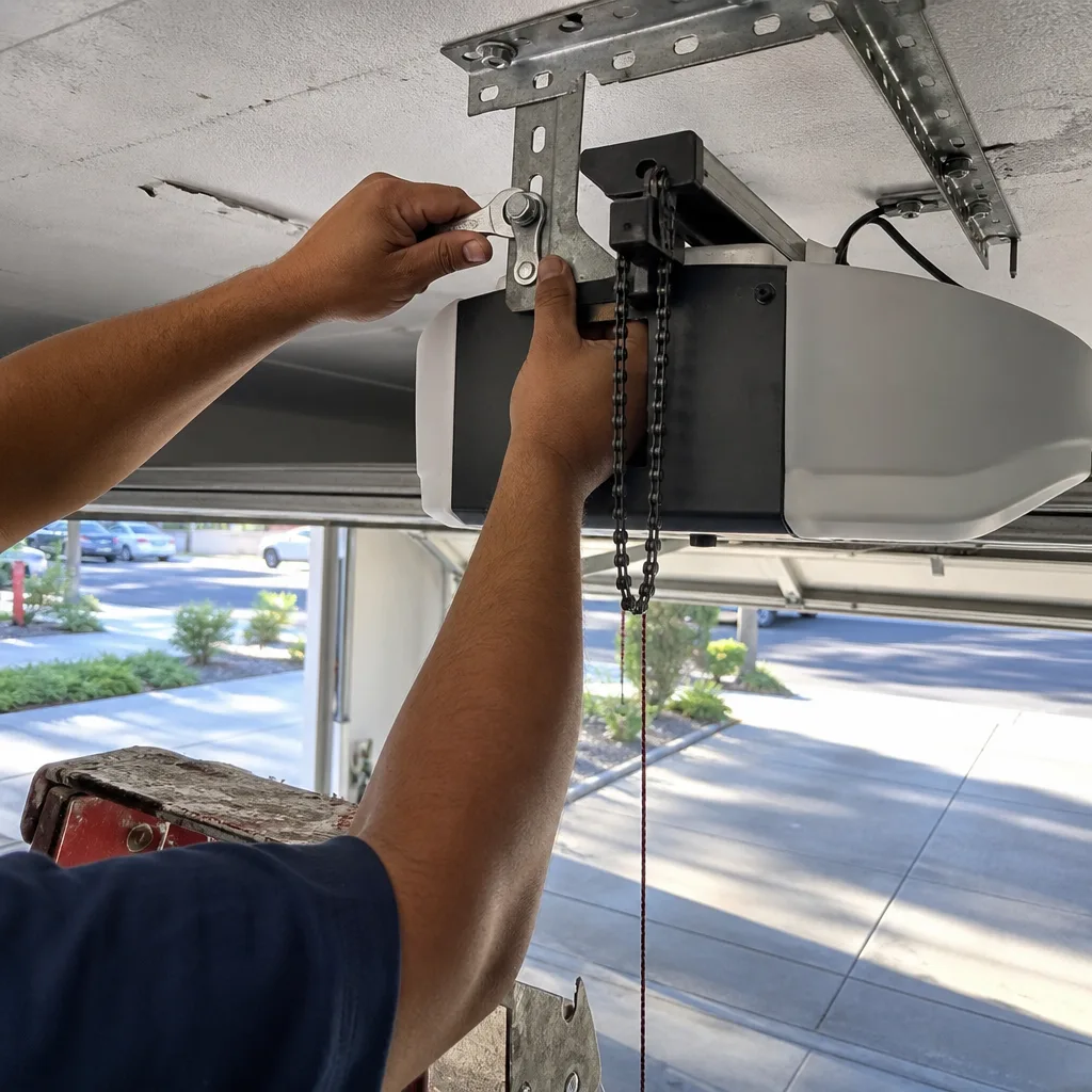 Technician using a wrench to repair a garage door opener motor