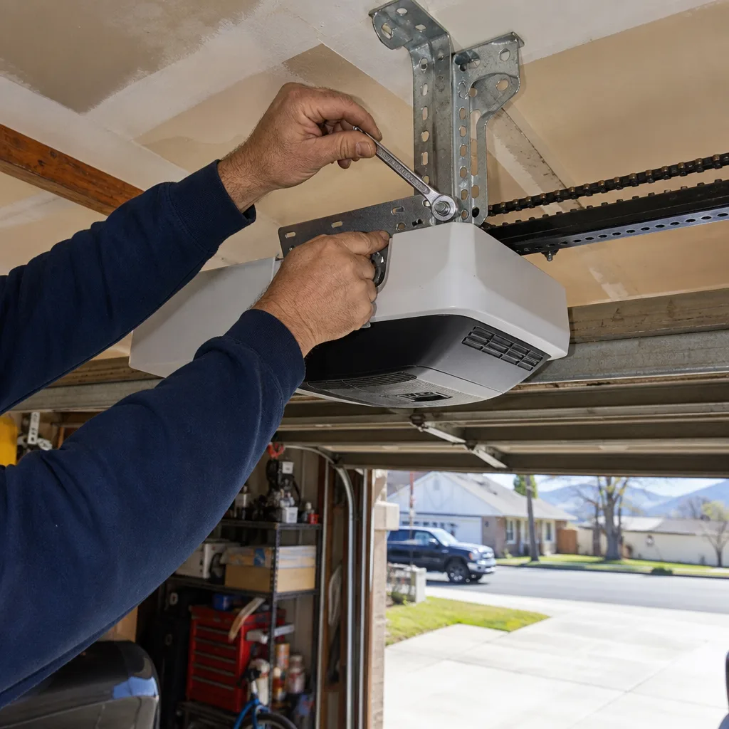 Technician performing garage door opener repair and installation