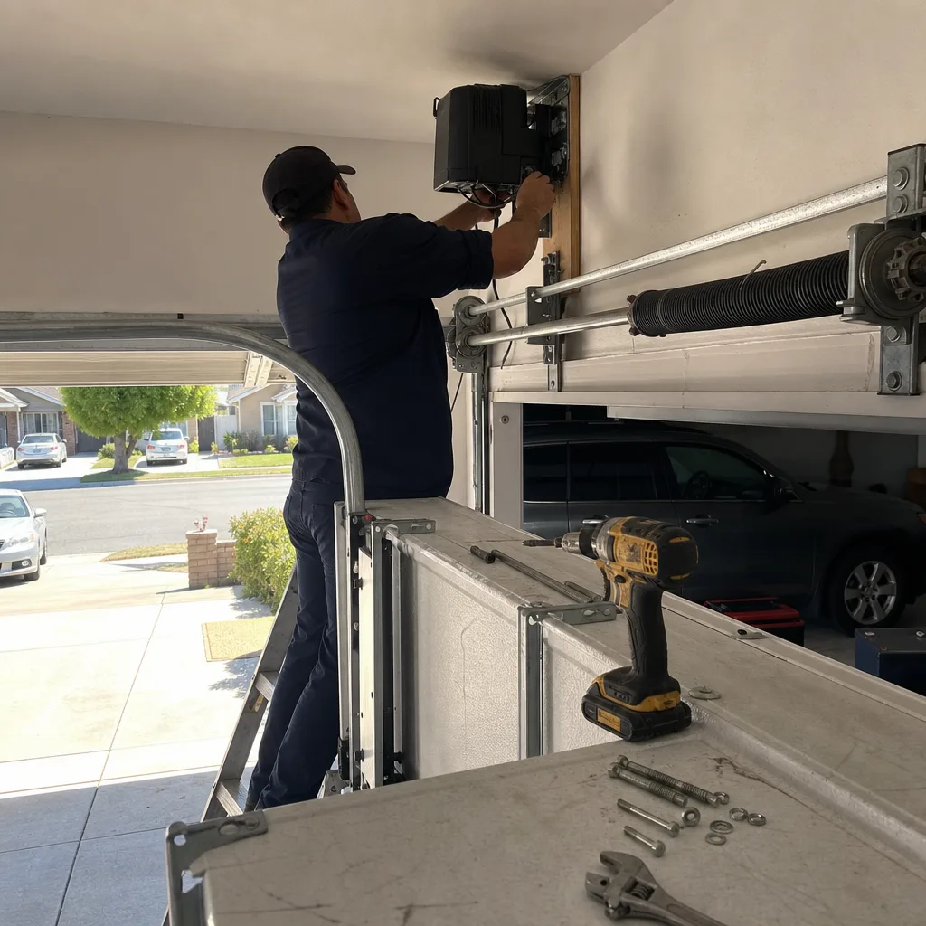 Technician installing a wall-mounted residential garage door opener