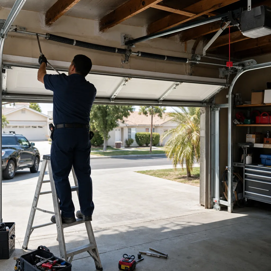 Technician performing professional garage door spring repair and maintenance