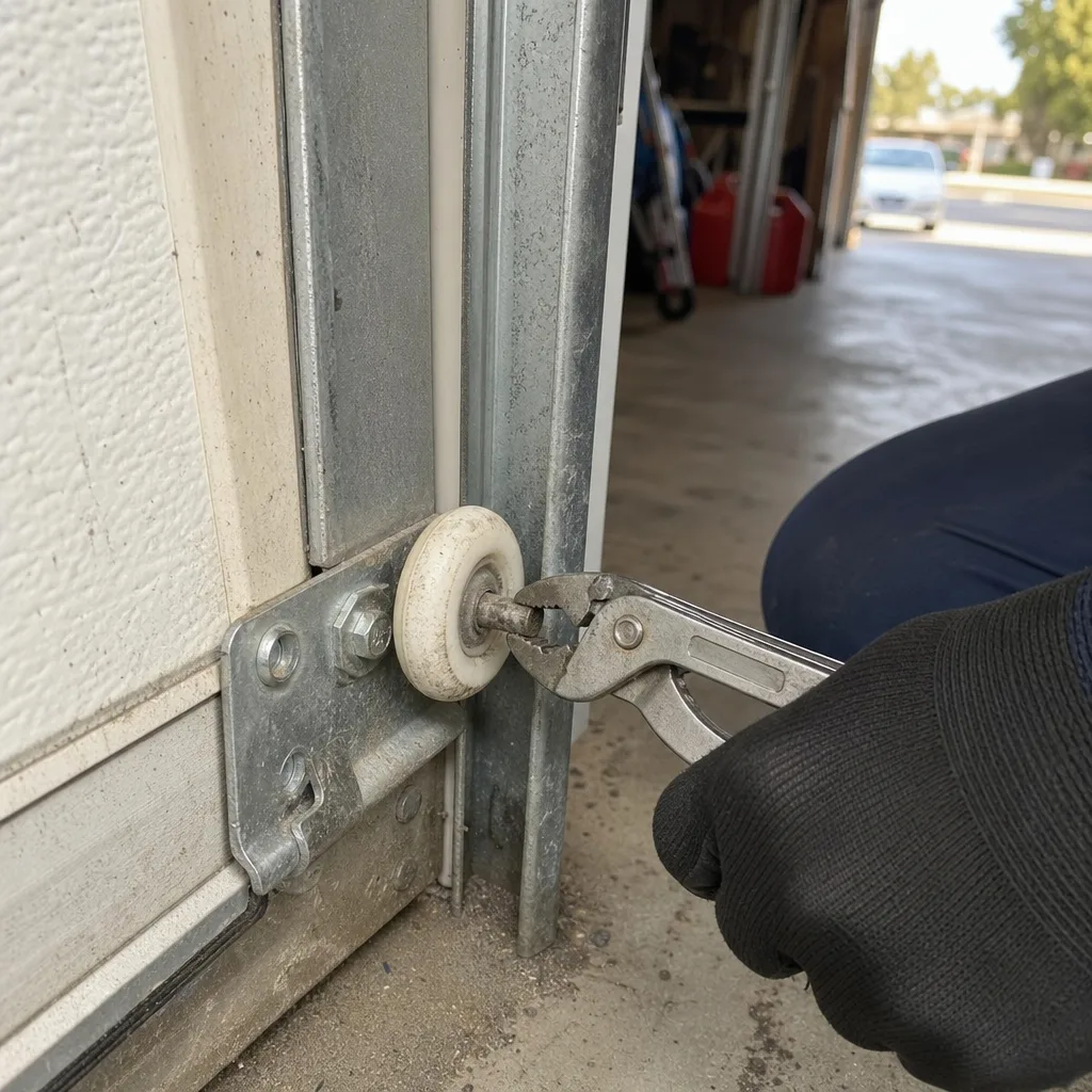Technician performing garage door roller repair and maintenance