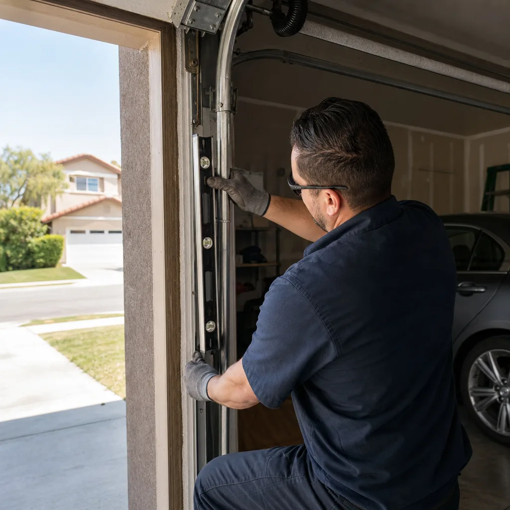 Technician using a level for garage door track repair and alignment