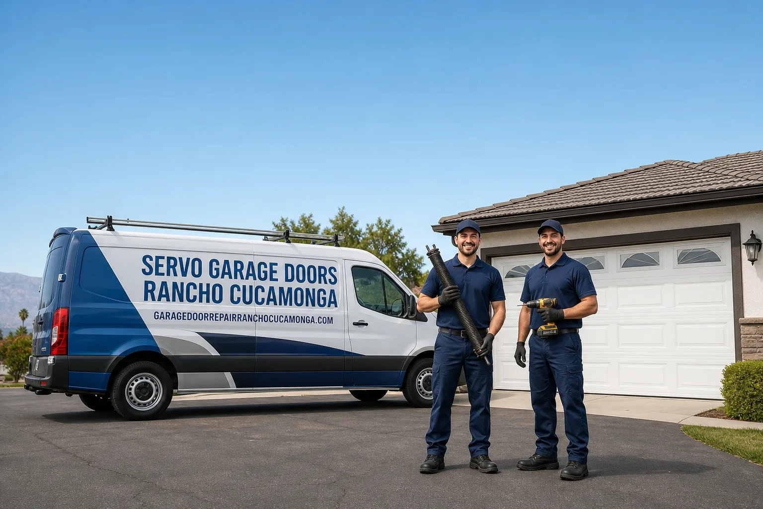 Servo Garage Doors Rancho Cucamonga garage door service vehicle and crew in Rancho Cucamonga, CA
